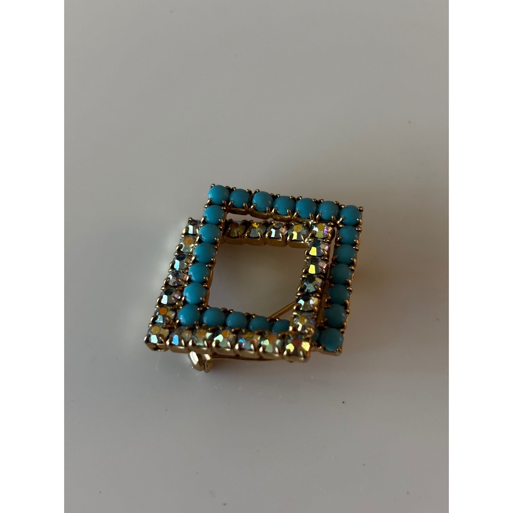 Brooch Womens Blue Gold‎ Vintage MCM Geometric Rhinestone
